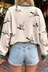 Beige Twisted Ribbed Duck Print Crewneck Casual Pullover Top