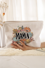 White MAMA Flower Print Corduroy Large Cosmetic Bag