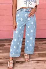 Sky Blue Polka Dot Ankle-Length Metal Button Casual Jeans