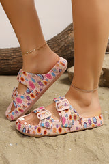 Pink Floral Print Double Buckle Casual Slippers
