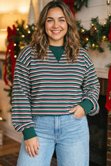 Green Stripe Striped Colorblock Round Neck Long Sleeve Shift Plus Size Sweatshirt