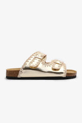 Gold PU Leather Contrast Stitch Flat Sliders