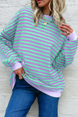 Blue Striped Contrast Trim Drop Shoulder Sweatshirt