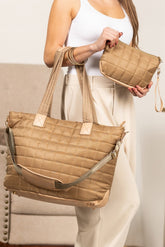 Camel Quilted Patchwork Large Tote Bag and Clutch 2pcs Set