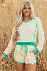 White Contrast Trim Colorblock Long Sleeve Pullover and Drawstring Shorts 2pcs Outfit