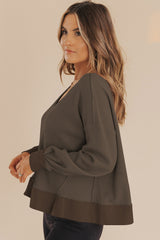 Dark Brown Waffle Knit Notched V Neck Drop Shoulder Solid Sweatshirt