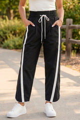 Bright Green Contrast Striped Smocked Waist Drawstring Cropped Casual Pants