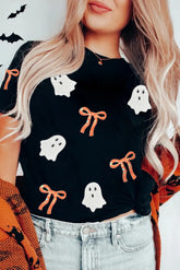 Black Bow Ghost Sequin Patched Halloween Graphic Tee