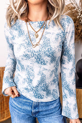 Sky Blue Long Sleeve Leopard Print Round Neck Sheath Top