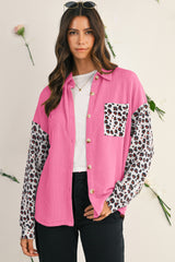 Rose Red Leopard Patchwork Twisted Ribbed Casual Shacket