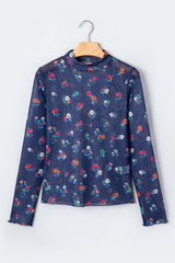 Blue Polka Dot Floral Mesh Long Sleeve High Neck Pullover Sheath Top