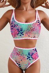 Pink Leopard Ricrac Trim Square Neck High Waist Bikinich