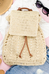 White Retro Straw Woven PU Leather Straps Casual Backpack