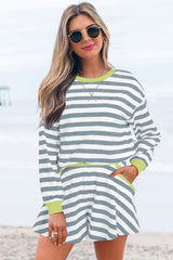 Black Stripe Contrast Ribbed Banding Long Sleeve Blouse Loose Shorts Set