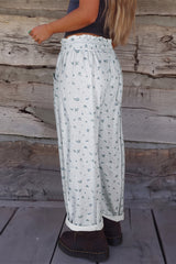 Gray Floral Print Elastic Waist Regular Fit Pants