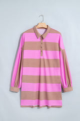 Rose Stripe Striped Colorblock Long Sleeve V Neck Shift Plus Size Dress