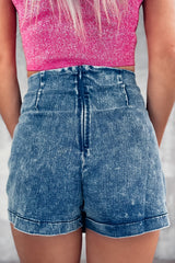 Sail Blue Acid Wash Asymmetric Twisted Wrapped Zipped Denim Skort