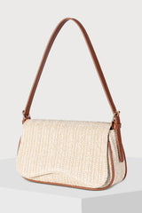 White Raffia Woven PU Leather Trim Shoulder Bag