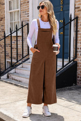 Brown Solid Color Corduroy Wide Leg Bib Overalls