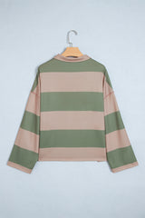 Green Striped Colorblock Zipper Pullover Long Sleeve Loose Top