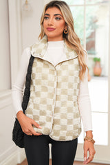 Khaki Sherpa Checkerboard Snap Button Vest Jacket