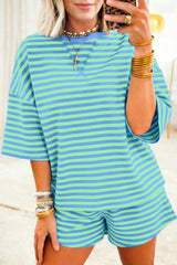 Navy Stripe Striped Ribbed Cotton Two-Piece Short Set with Chest Patch Detail