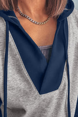 Light Grey Colorblock Patchwork V Neck Drawstring Hoodie