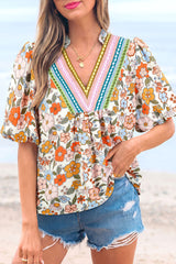 Multicolour Crochet V Neckline Puff Sleeve Boho Flower Blouse