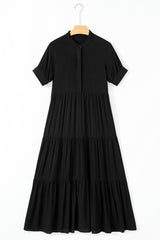 Black Hidden Buttons Short Sleeve Ruffle Tiered Long Flared Dress