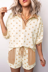 Pink Polka Dot Drop Shoulder Polo Loose Pullover Patch Pocket Casual Shorts Set