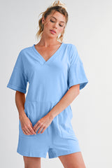 Myosotis Loose Half Sleeve V Neck Plain Romper