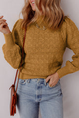 Jurassic Gold Hollow Out Crochet Ribbed Edge Balloon Sleeve Sweater