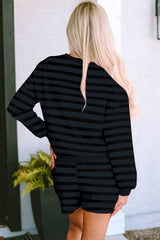 Gray Printed Stripe Long Sleeve Satin Tie Shorts Two Piece Set