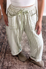 Green Plaid Contrast Trim Drawstring Elastic Waist Shift Pants