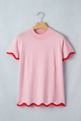Pink Stand Neck Contrast Wavy Trim Short Sleeve Sweater