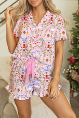 Pink Nutcracker Doll Christmas Print Ribbon Tie Waist Short 2pcs Pajama Set