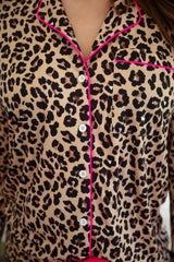 Light French Beige Leopard Ruffle Long Sleeve Pajama Set