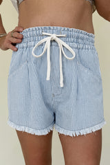 Black Stripe Raw Edge Drawstring Elastic Waist Casual Denim Shorts