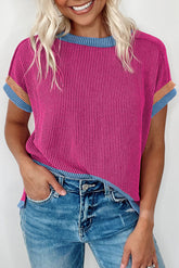 Bright Pink Textured Contrast Trim Round Neck T Shirt