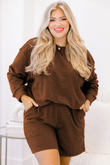 Chestnut Drop Shoulder Long Sleeve Top Elastic Waist Shorts Plus Size Set