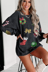 Black Christmas Graphic Sequins Patch Corded Sweatshirt