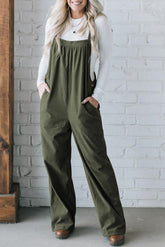 Jungle Green Button Adjustable Straps Solid Color Corduroy Jumpsuit