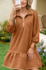 Desert Gold Quarter Zip Collar Bracelet Sleeve Textured Mini Dress