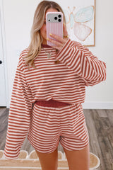 Brown Stripe Relaxed Long Sleeve Top Contrast Elastic Waistband Short Set
