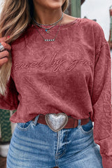 Mineral Red saved by grace Letter Embroidery Mineral Wash Loose Sweatshirt