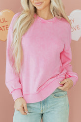 Bright Pink Mineral Wash Crossed Crew Neck Drop Shoulder Loose Sweatshirt