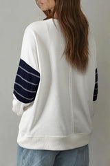 White Denim Patchwork Ribbed Round Neck Pullover Sweatshirt