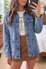 Sky Blue Patchwork Leather Collar Long Sleeve Denim Jacket