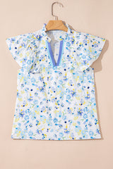 Sky Blue Floral Print Frilled Notch V Neck Ruffle Blouse