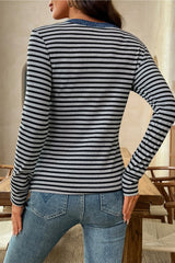 Gray Stripe Denim Contrast Collar Half Button Long Sleeve Top